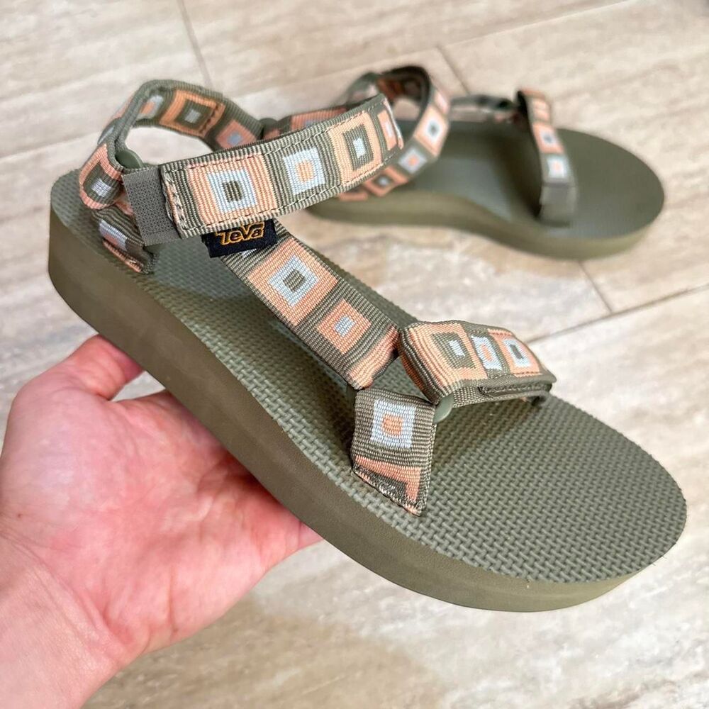 Teva Midform Universal Platform Sandals Retro Squares Unwind Olive Green Sz 7